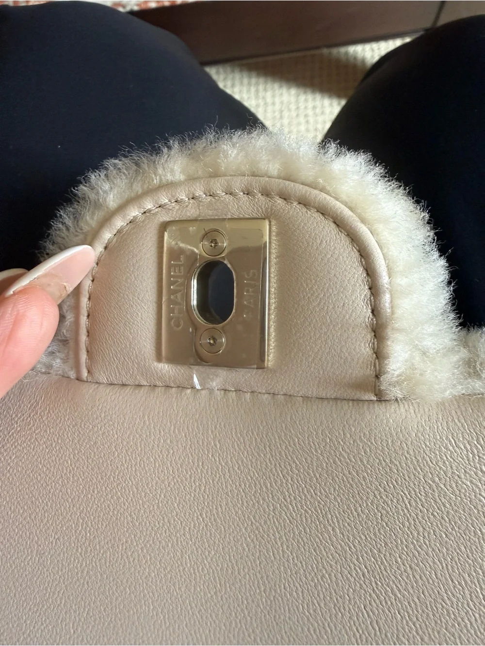 CHANEL Cream Shearling Mini Flap Top-Handle Bag